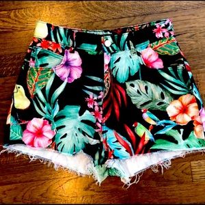 ZARA TRF Tropical High Waist Frayed Denim Shorts
